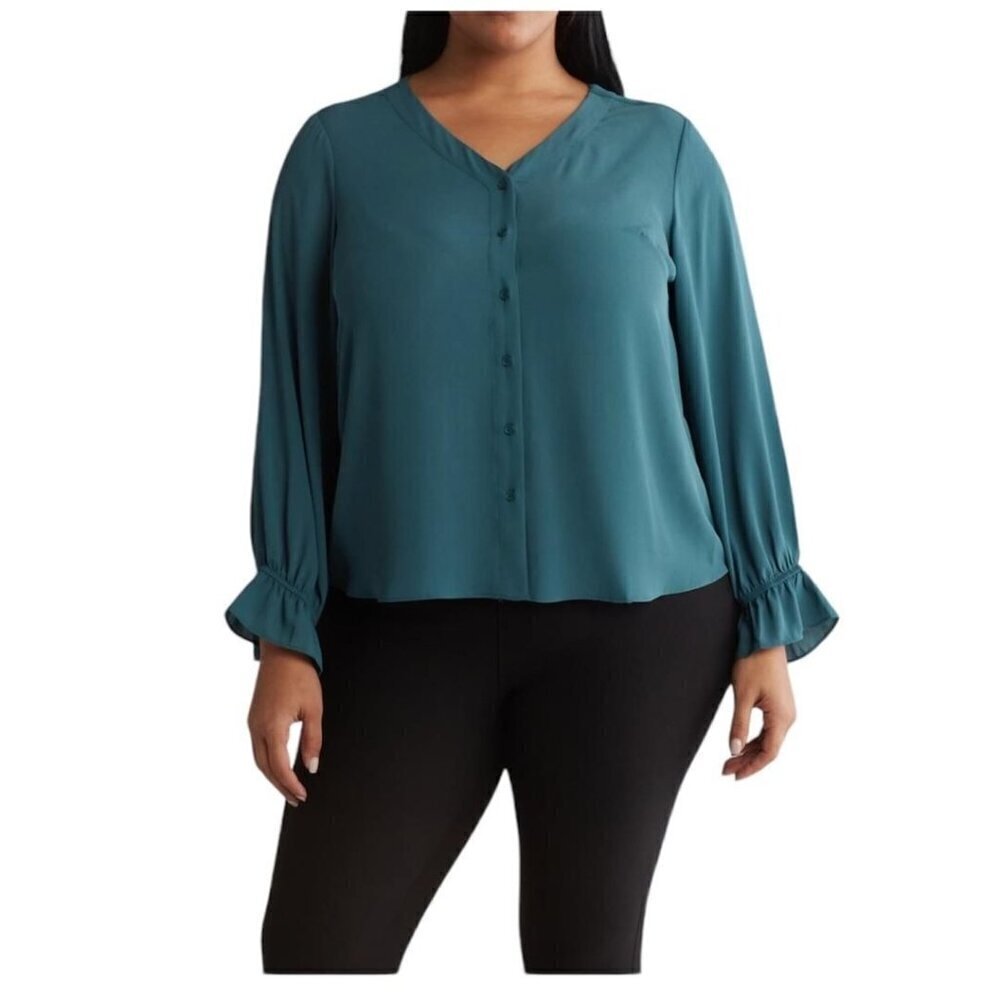 Tahari Womens Blue Green Button Front Long Sleeve V Neck Blouse Plus Sz 2X New
